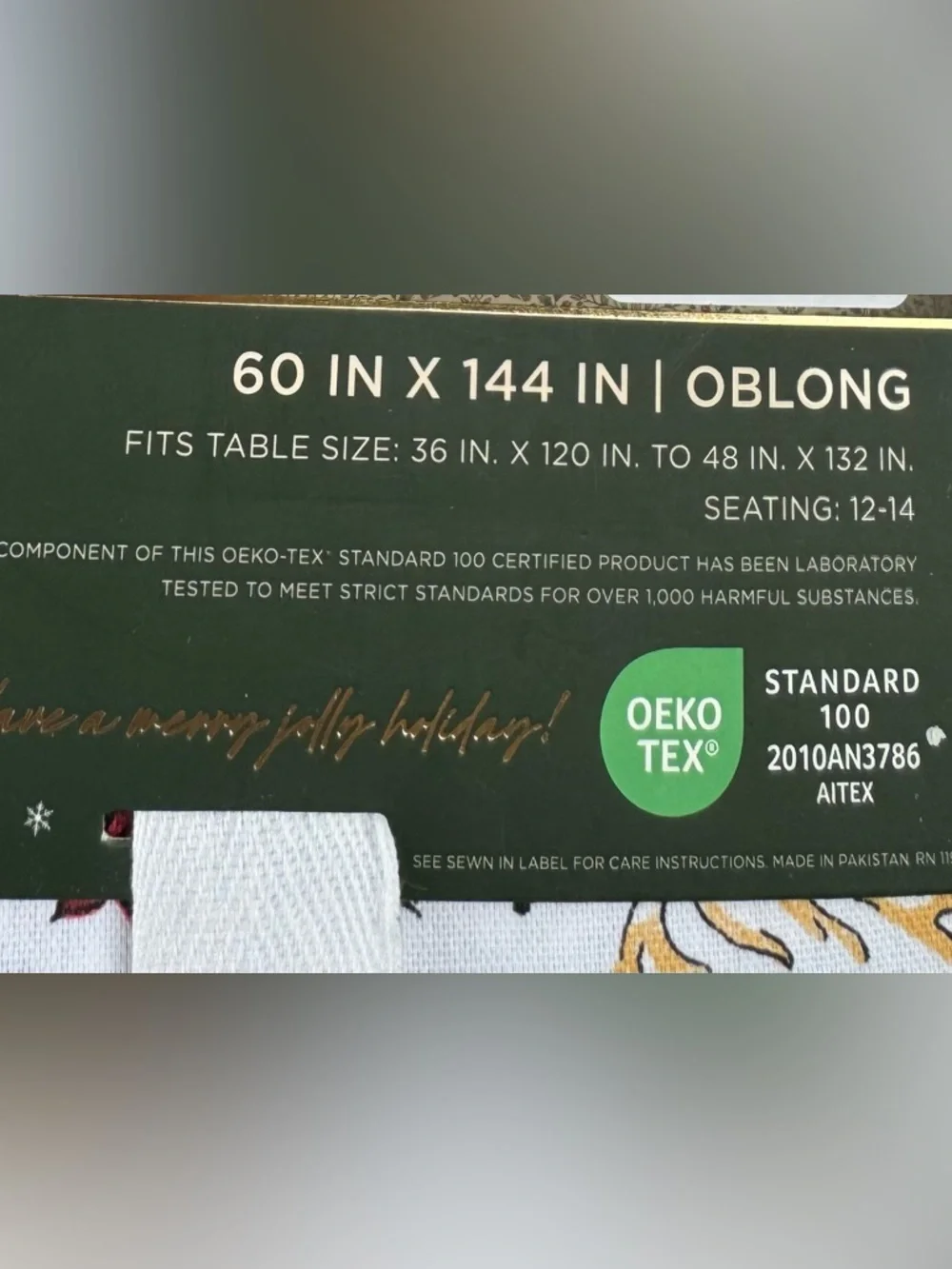 Deck the Halls Holiday Reindeer & Holly White, Green, Red Tablecloth NEW 60x144